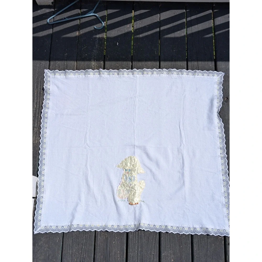 Vintage set Embroidered Baby Blanket with Lamb and Heart Balloons lace edges